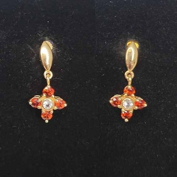 SOLD- 14k Yellow Gold Spessartite Garnet White Topaz Flower Dangle Stud Earrings - Picture 4 of 4